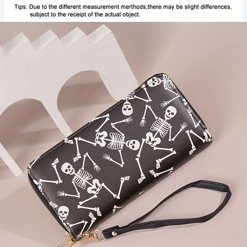 Edgy Chic Gothic Skull Print Womens Wallet Stylish Large Capacity Zipper Closure Multi-Ca