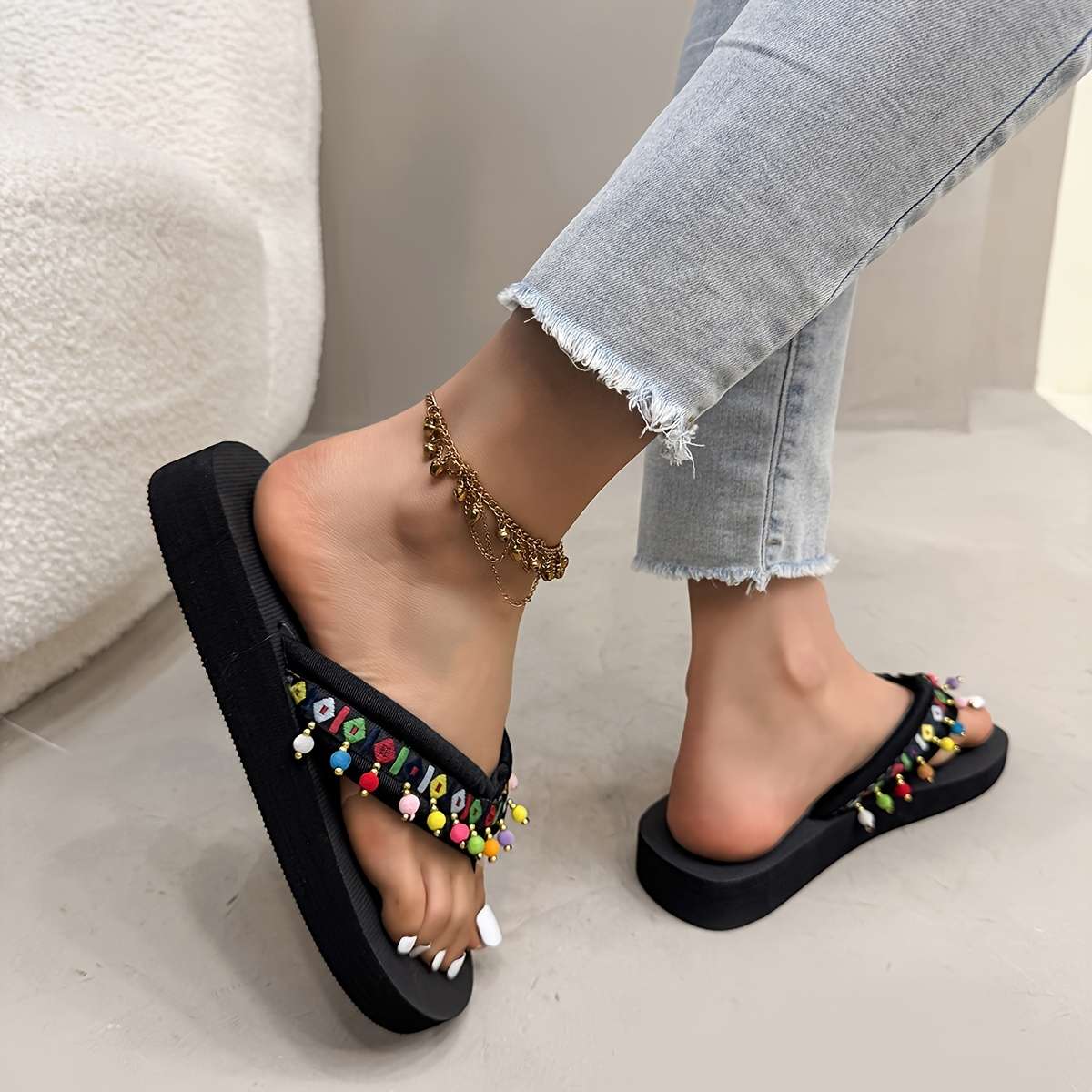 Ladies Summer Flip Flops Long Bead Uk 7