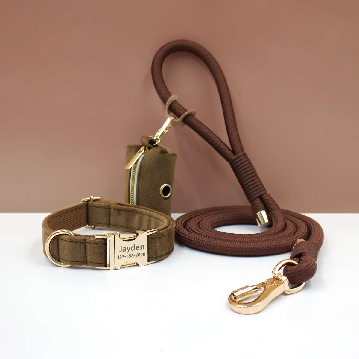 Dog Leash Color Brown Velvet Round Rope 3Piece Set Size Xl