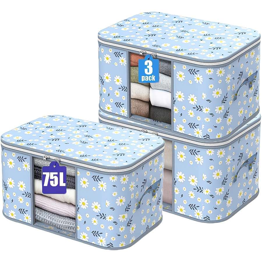 2Pcs Large Storage Bags Heavy Duty Storage Blue Daisy Visible Storage Bag