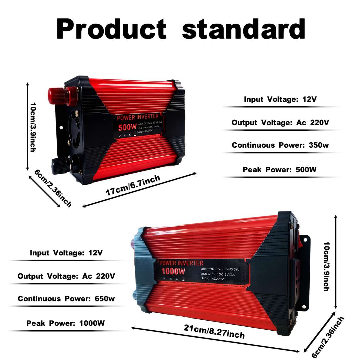 Premium Portable Car Inverter With 2000W1000W500W Peak Power Dc12V For