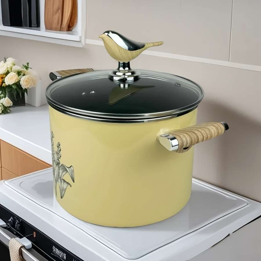 7L Lily of the Valley Enameled Soup Pot with Bird Handle