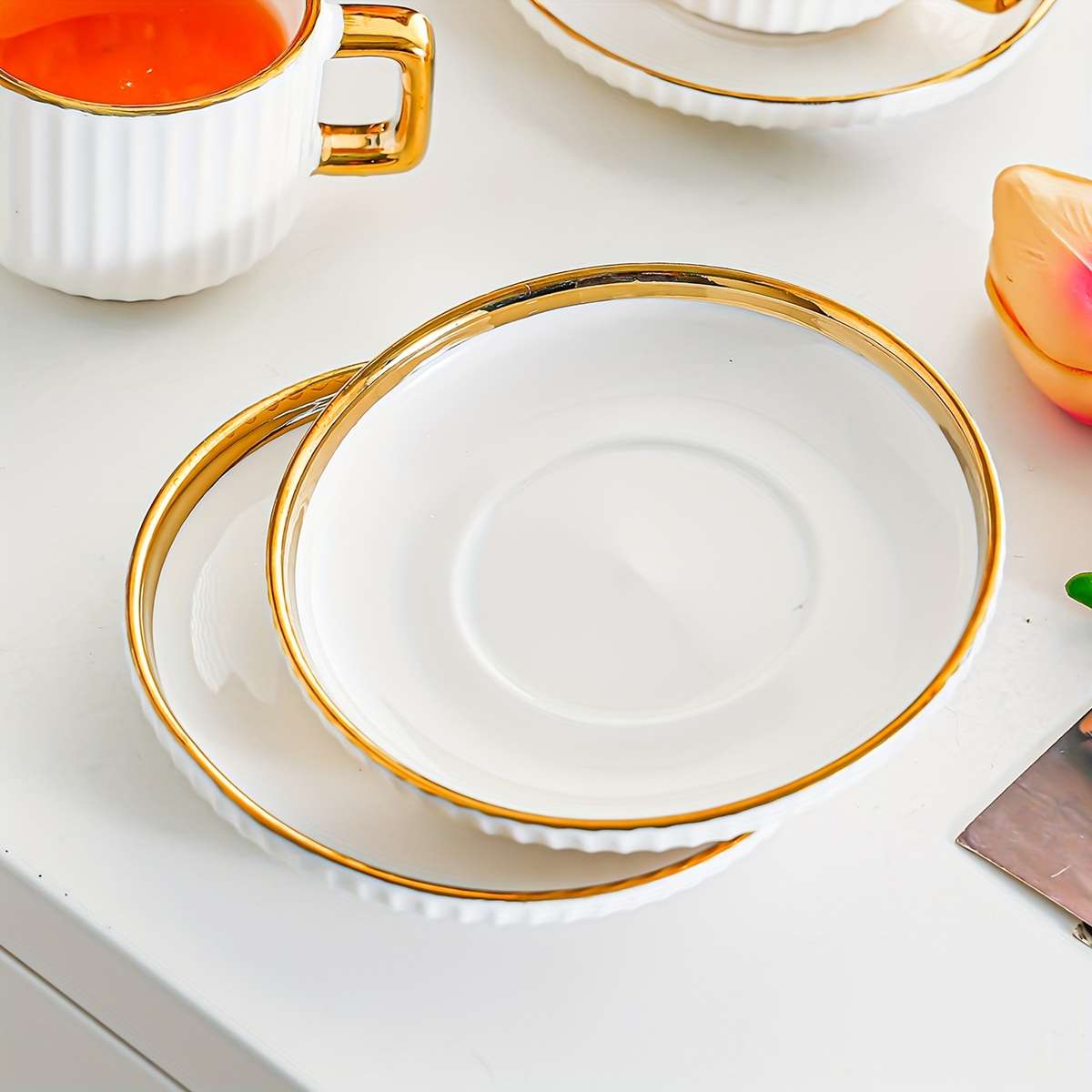 Water Cup Color White Golden Model3001 Ceramic Golden Edge 6 Cups 6 Plates