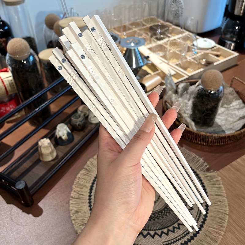 Chopsticks Style White Silvery Carved Chopsticks 5 Pairs