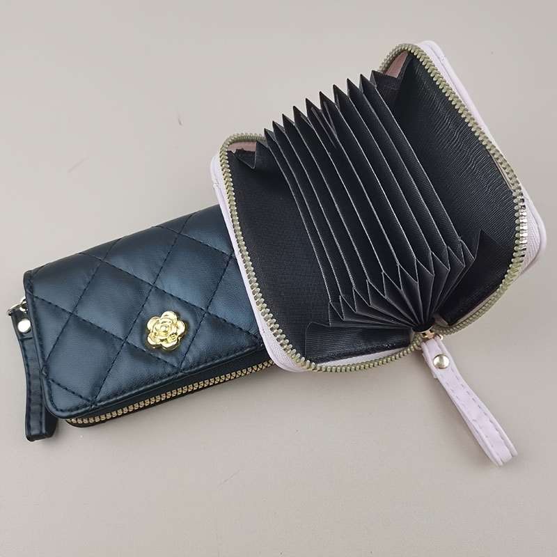 Elegant Pink Quilted Women'S Wallet With Golden-Tone Accentsslim Multi-Function Clutch Purse