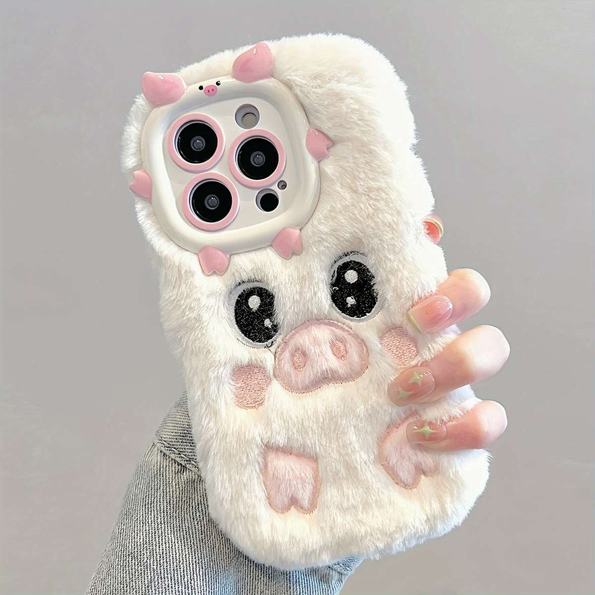 1Pc White For iPhone 14 Plus Cute Plush Piggy Phone Case