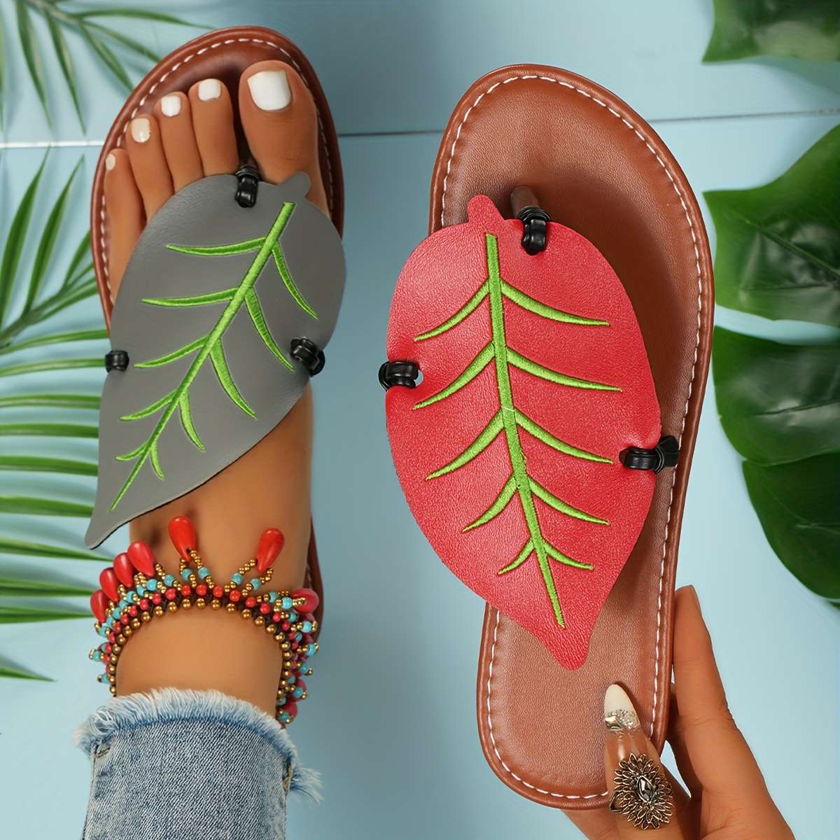 Ladies Summer Flip Flops Red-Gray Uk 7