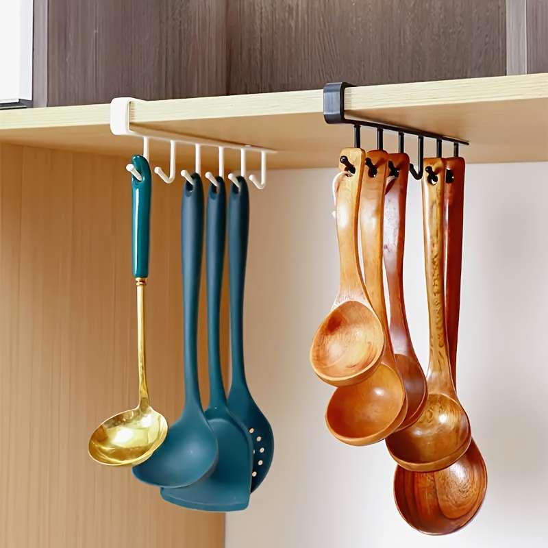 Kitchen Storage Rack With 6 Hooks Wall Mounted Non Slip color Black