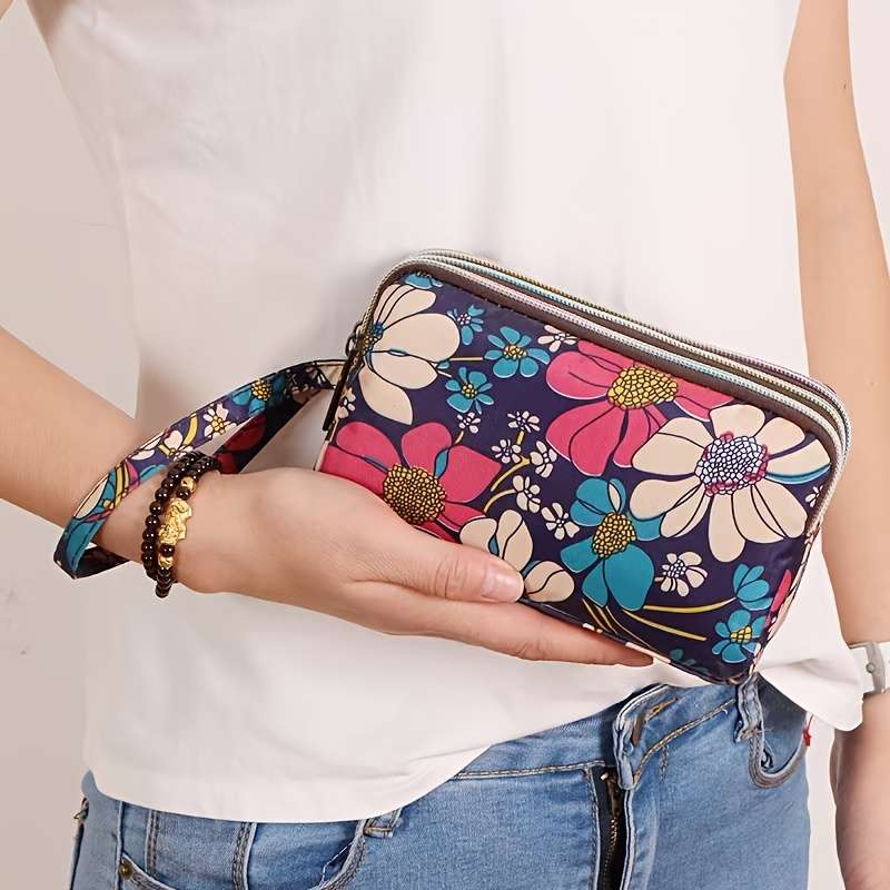 Elegant Floral Printed Polyester Wristlet Wallet Large Capacity Zippered Clutch Bag Lightweig