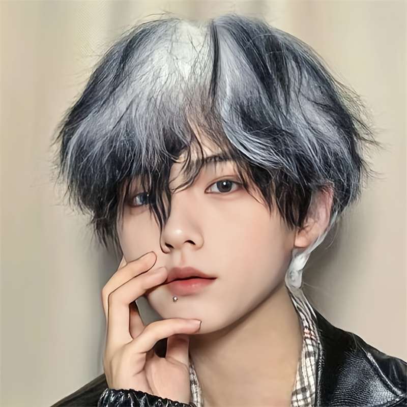 Black Highlights White Mens Wigs Hair Length 20.32Cm