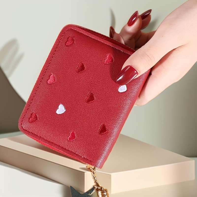 Honey Girl Short Wallet Heart Embroidery Zipper Closure Polyester Lining Unisex With M