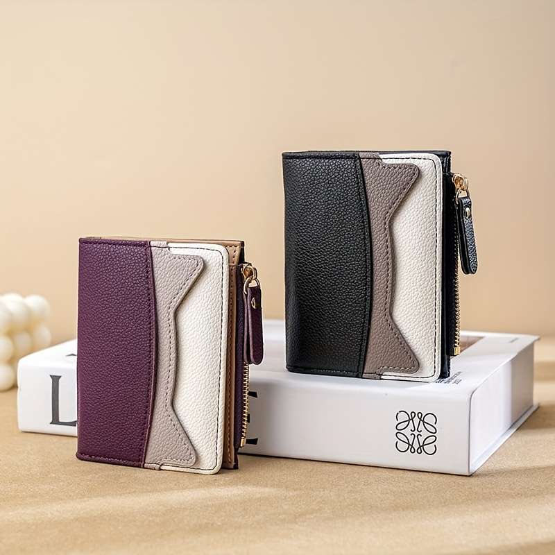 Litchi Texture Wallet Women'S Short Bifold Purse Creative Zipper Multicolor Patchwork Coin