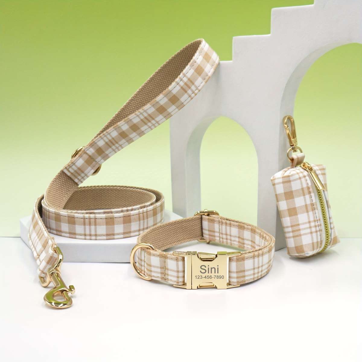 Dog Leash Color Blue Plaid Light Golden Leash 3Piece Set Size S
