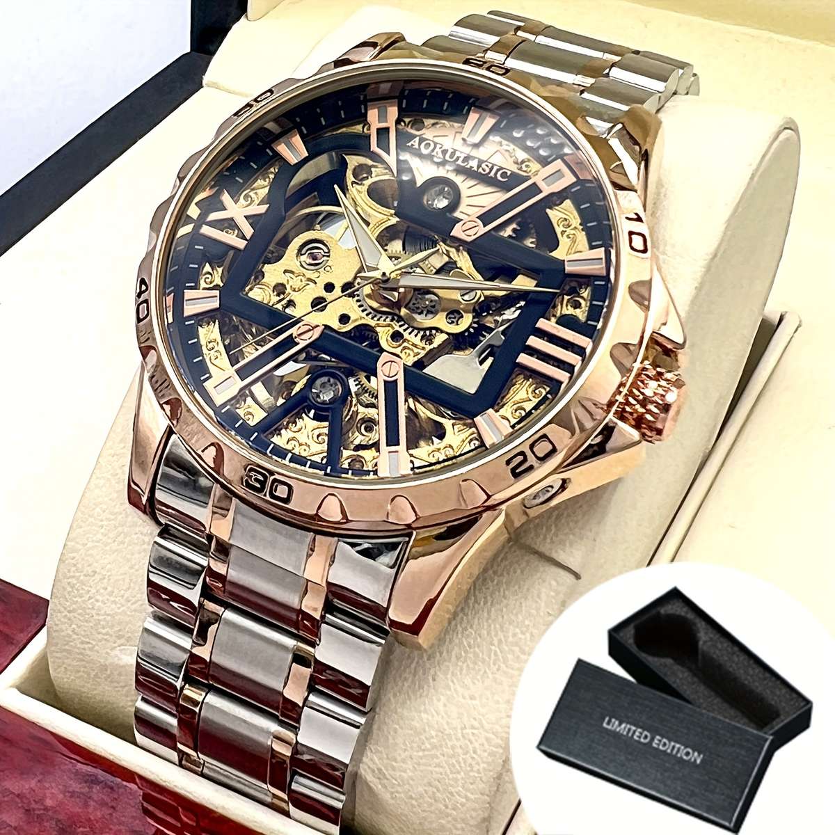 Mens Sporty Barrel Shaped Hollow Automatic Mechanical Watch Without