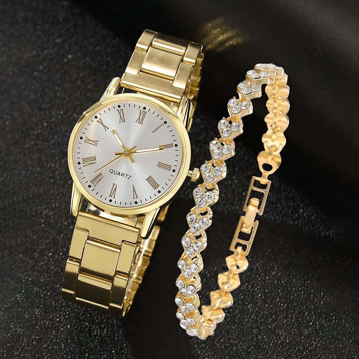 Women Rhinestone Adorned Quartz Watch Bracelet Sparkling Round Dial Romantic 1