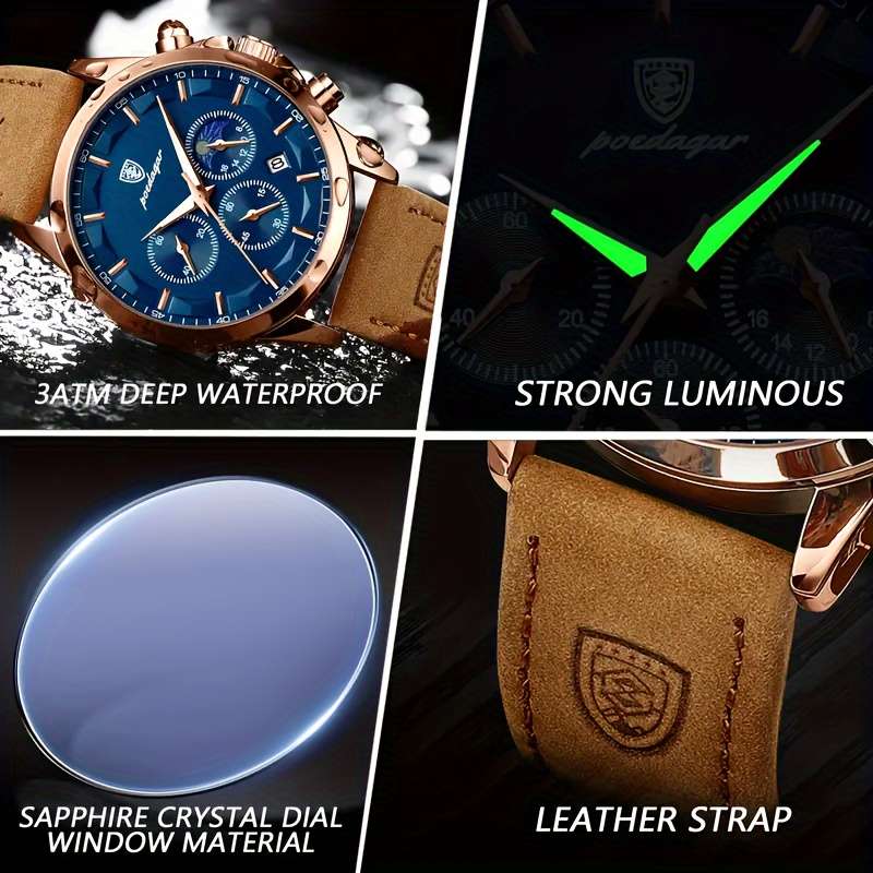 2Pcs Luminous Watch Set Men Luminous Waterproof Pu Leather Quartz Watch