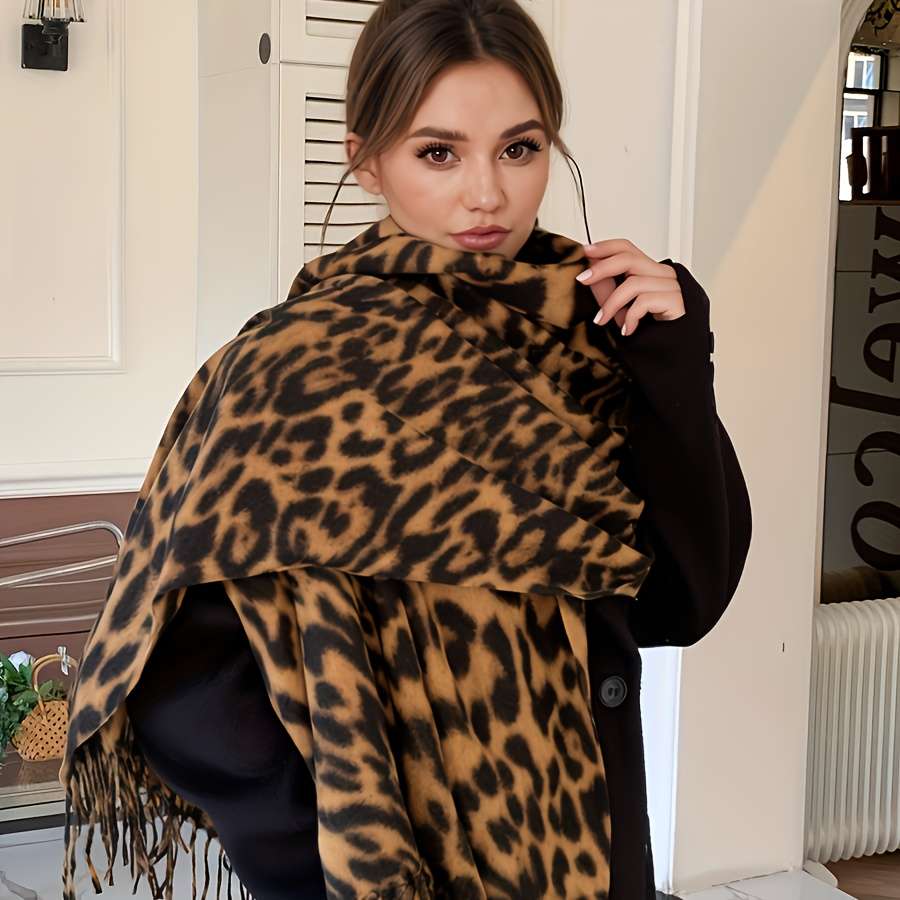 3PCS Luxury Versatile 3pcs Women Leopard Print Scarf Thick And Warm Coffee