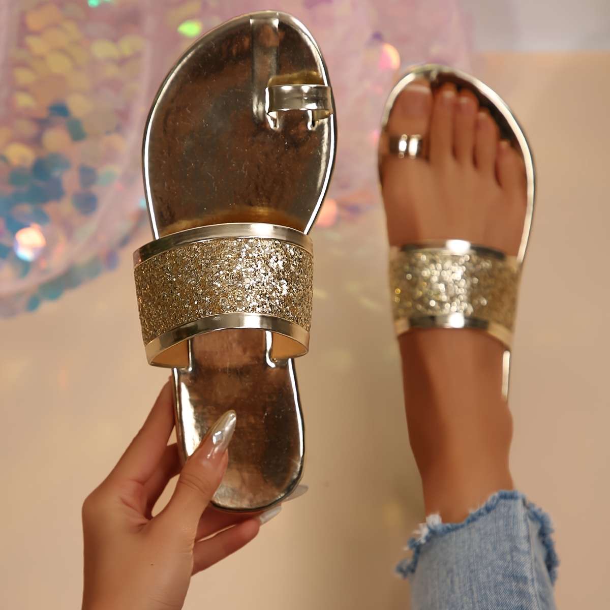 Ladies Summer Flip Flops Light Gold Uk 7.5