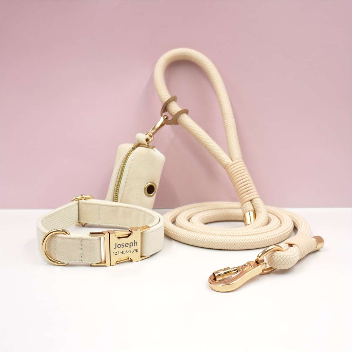 Dog Leash Color Cream Velvet Round Rope 3Piece Set Size Xl