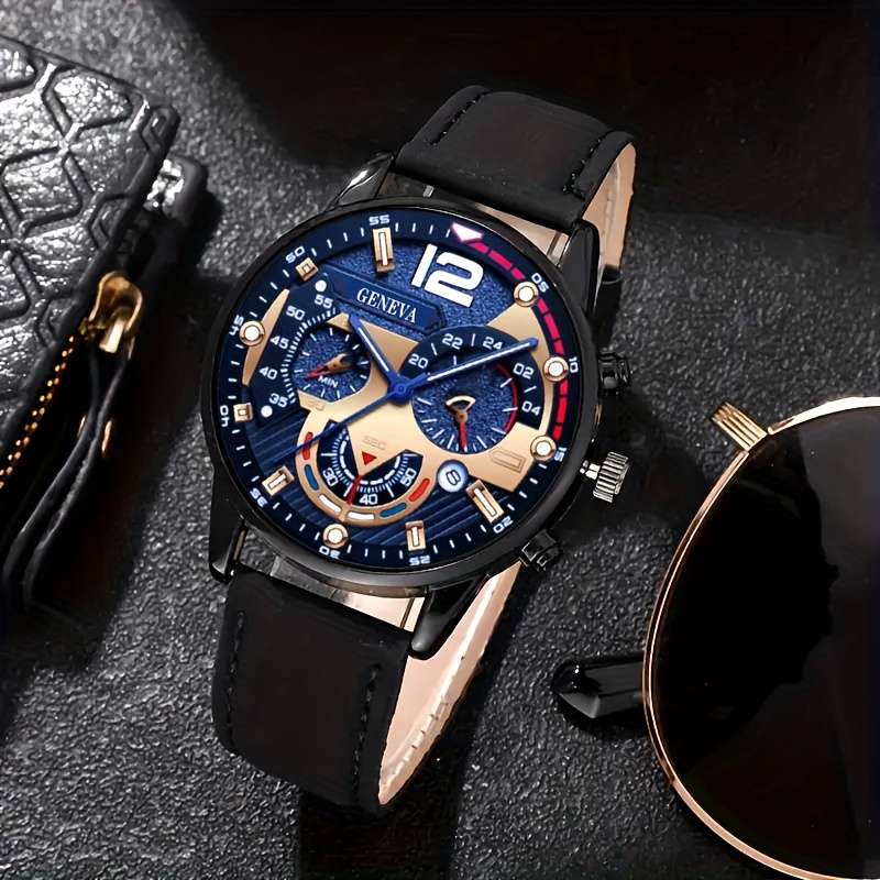 4Pcs Men Luxury Analog Watch Jewelry Suite With Calendar Quartz Movement
