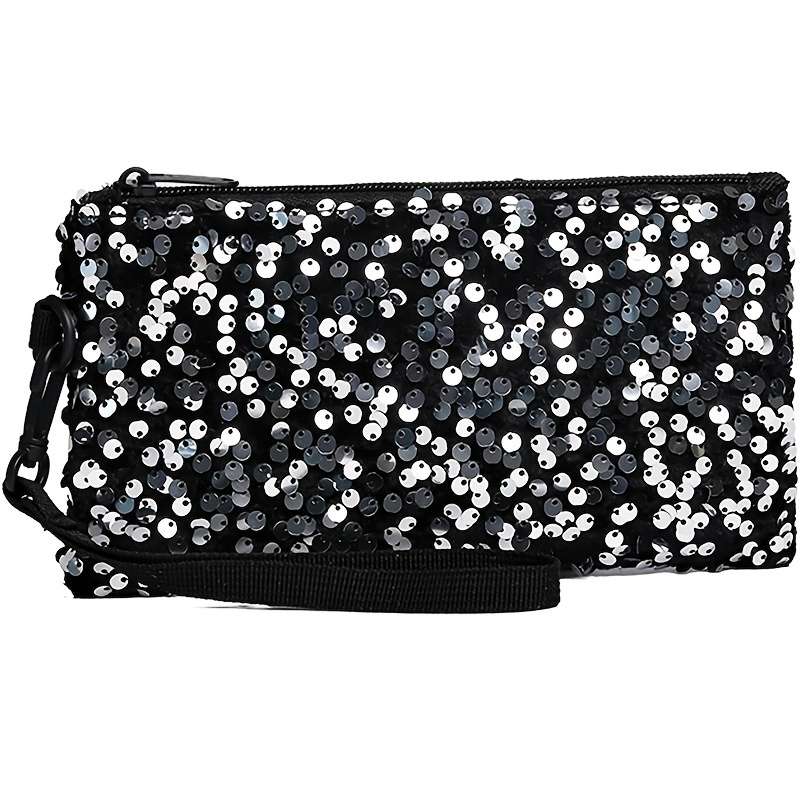 Women'S Black Sequin Clutch Walletlong Zippered Phone Bag With Adjustable Strap Stylish Wri