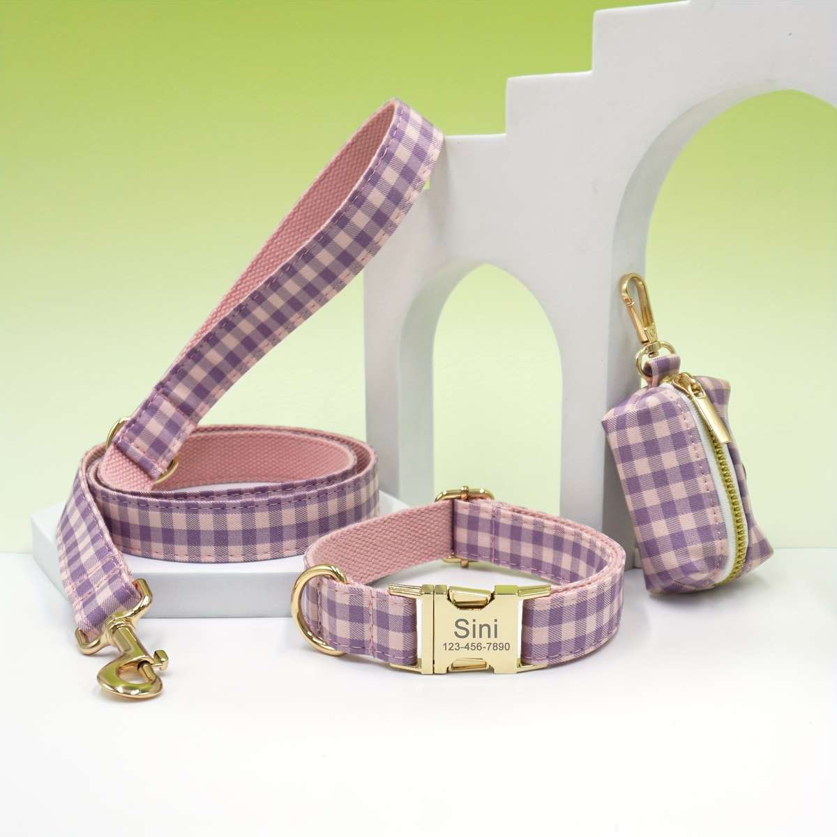 Dog Leash Color Blue Plaid Light Golden Leash 3Piece Set Size S