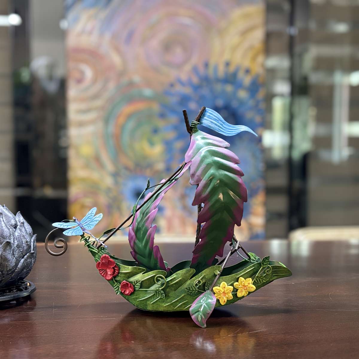 Handcrafted 3D Metal Fairy House Sailing Leaves Boat Statue Enchanted Forest
