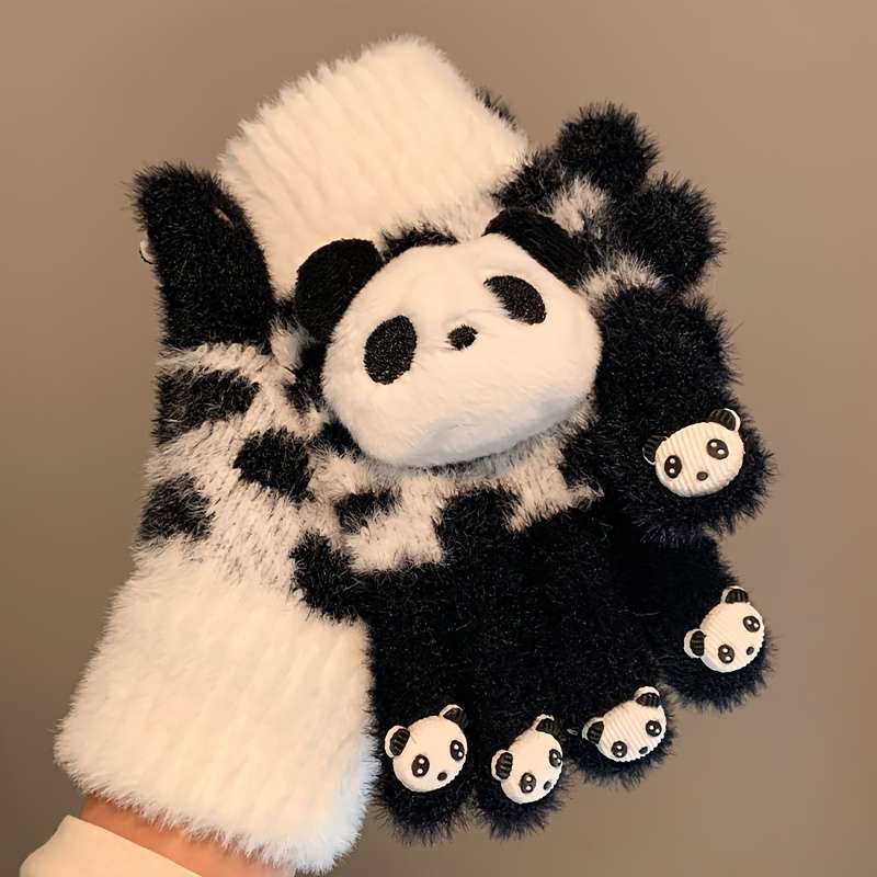 Vintage Ergonomic Soft And Cute Panda Plush Gloves For Women Winter Touchscreen
