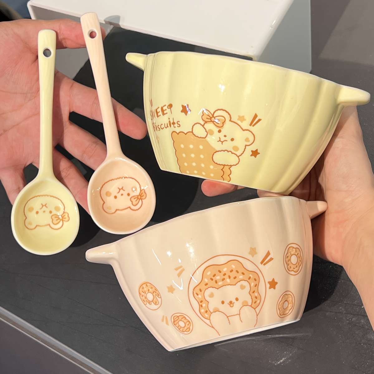 Bowl Items Two Mixed Color Bear Bowls With Spoon