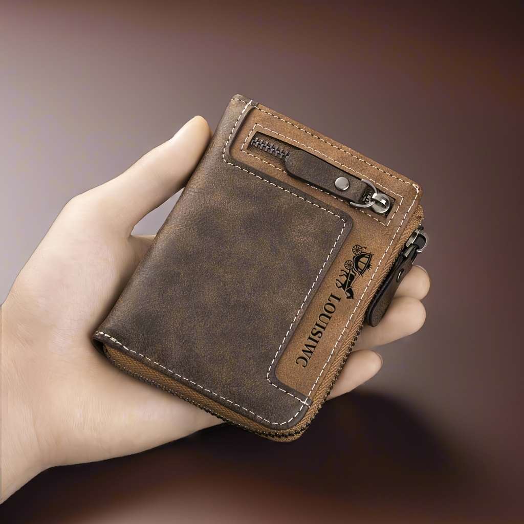 Men'S Vintage Faux Leather Walletcompact Casual Style With Zipper Closure Multi-Card Slots