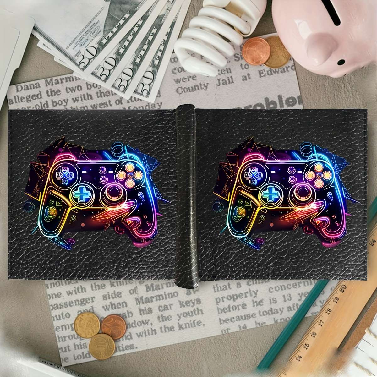 Men'S Casual Faux Leather Wallet With Neon Game Controller Printcrocodile Pattern Multifunc