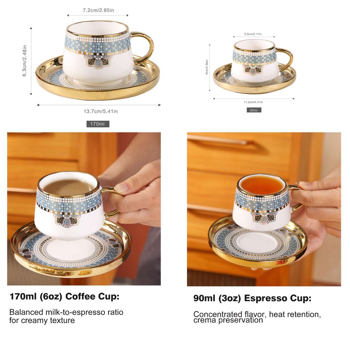 Water Cup Capacity 170Ml 574Oz Gold Rimmed Checkered 6 Cup Saucer