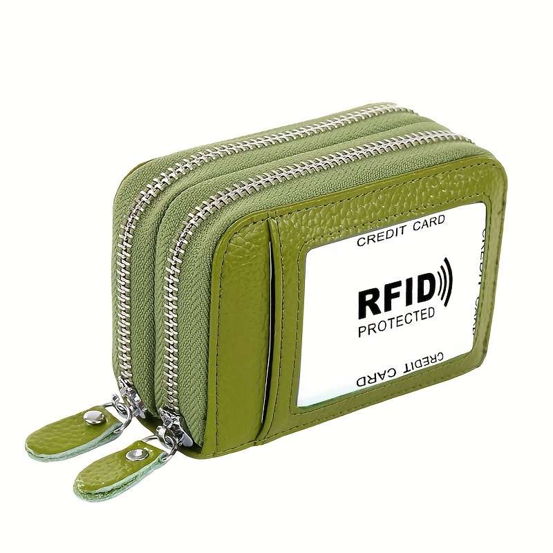 Genuine Leather Credit Card Wallet With Small Coin Purse And Double Zipper Rfid Blocking Credi