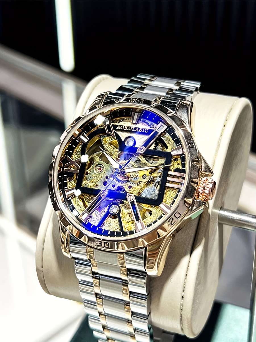 Mens Sporty Barrel Shaped Hollow Automatic Mechanical Watch Without