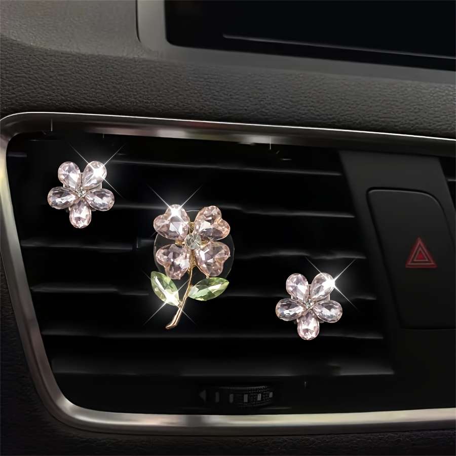 Car Interior Decor Items 3 Pieces Blue Four Leaf Flower  Add  Two Crystal Flowers