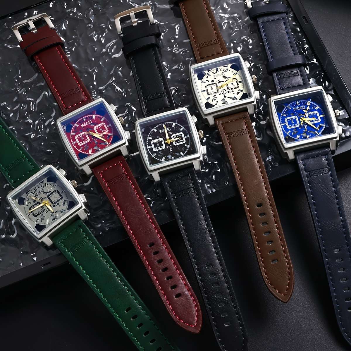 Men Quartz Watch Featuring Square Silvery Case With Hollow Design