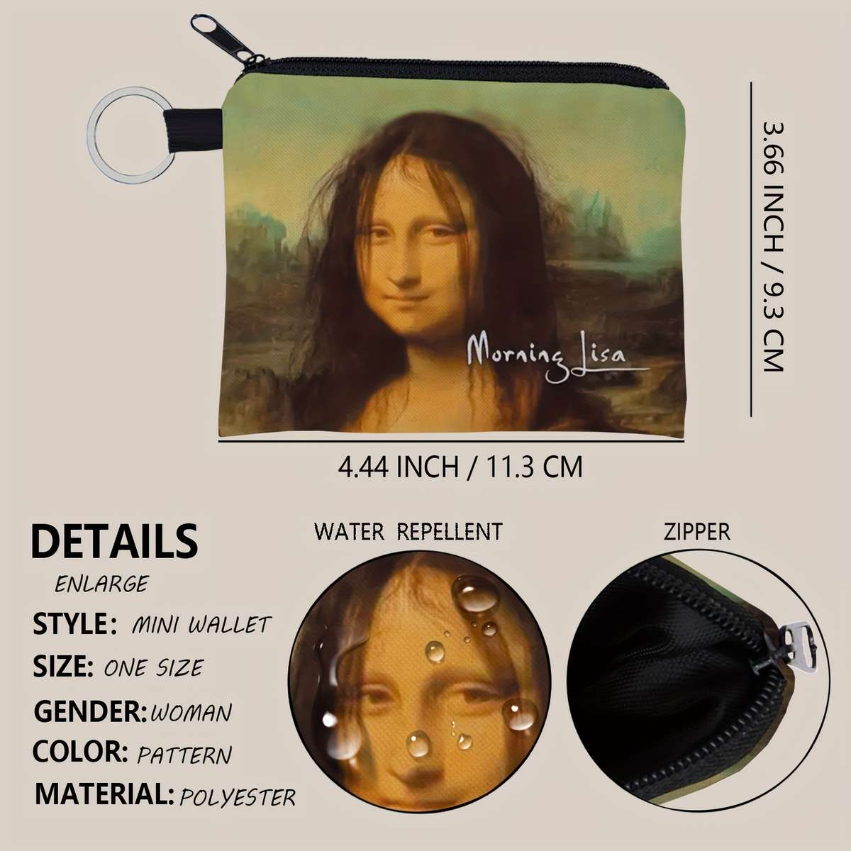Sweet Unicorn Mona Lisa Printed Zipper Walletcompact Lightweight Change Purse With Poly