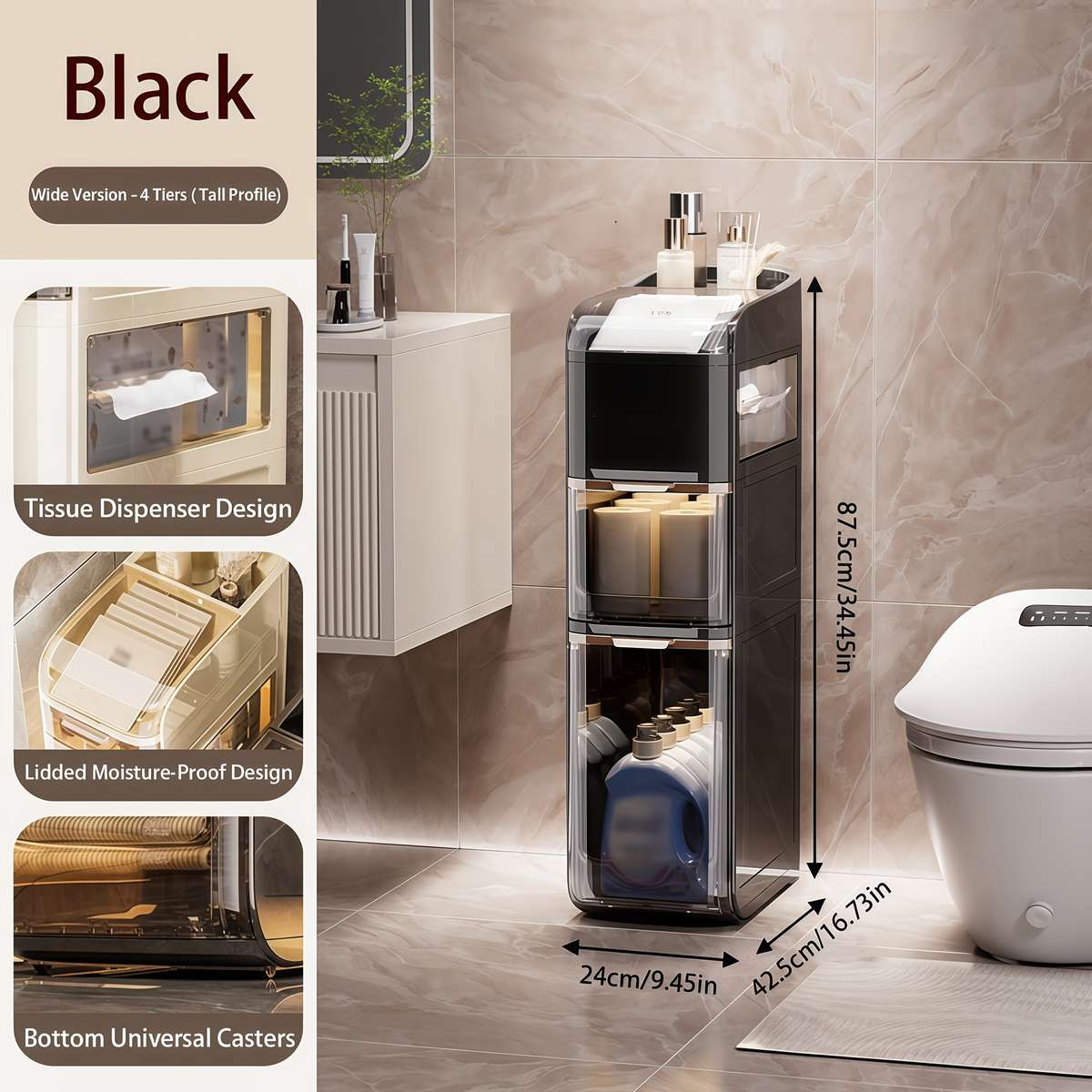 Bathroom Storage Rack Glossy Black 3-Tier With Lid