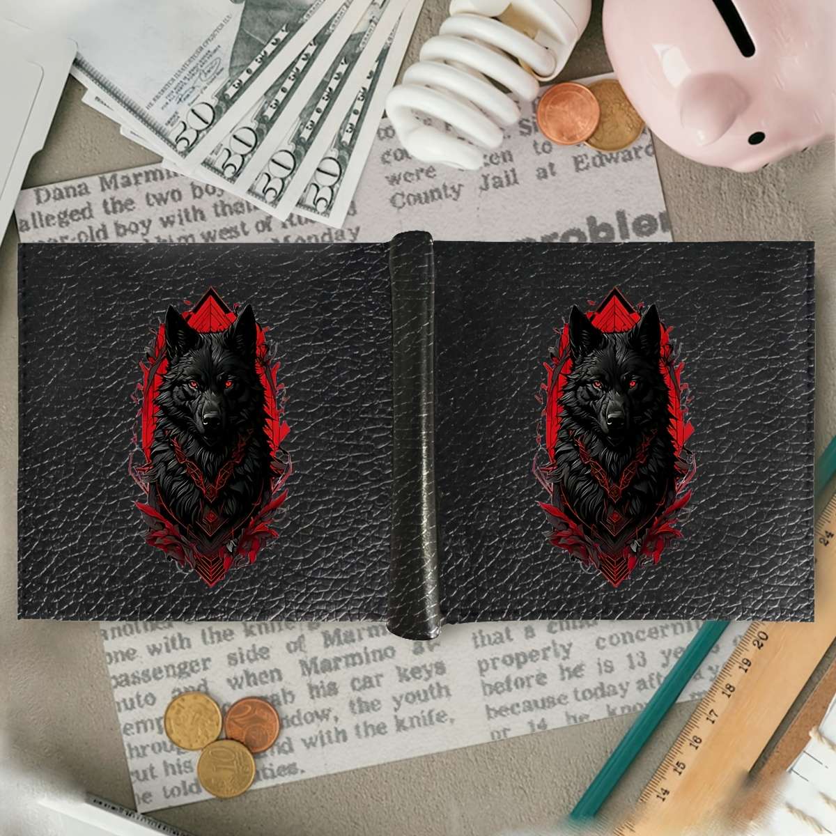 Premium Men'S Black Faux Leather Wallet With Intricate Wolf Designslim Bifold Style With
