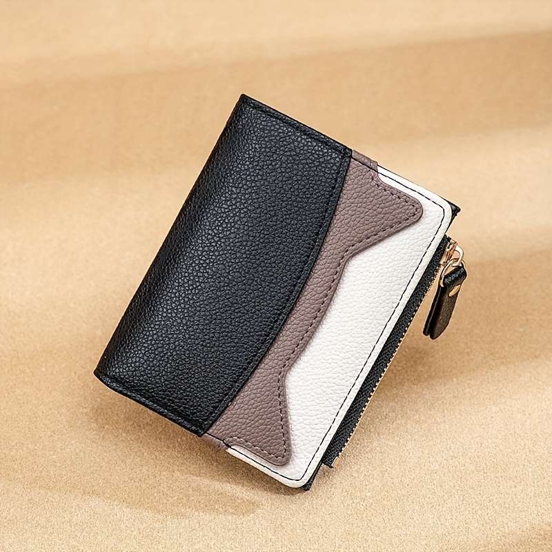 Litchi Texture Wallet Women'S Short Bifold Purse Creative Zipper Multicolor Patchwork Coin