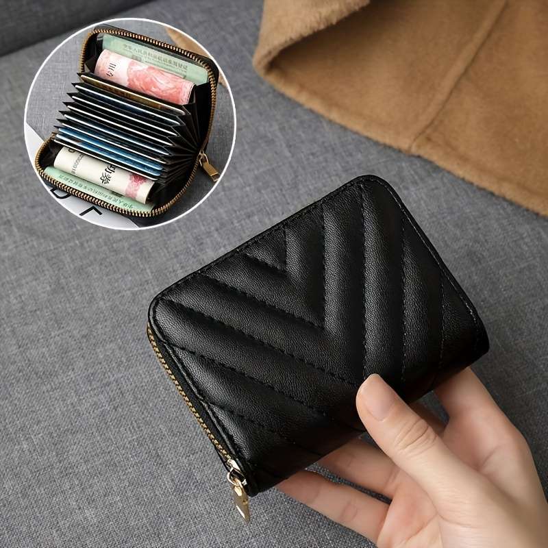 Elegant Black Zipper Wallet With Quilted Designlarge Capacity Multiple Card Slots Coin Poc
