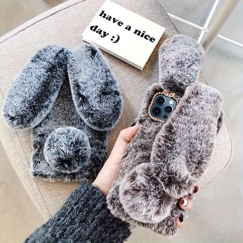 1Pc Grey For iPhone 16 Pro Max Cute Rabbit Plush Phone Case