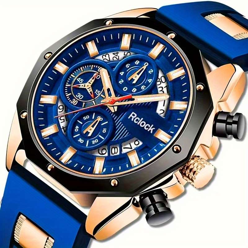 1Pcs Men Business Quartz Watch With Calendar Function Durable Silicone Strap