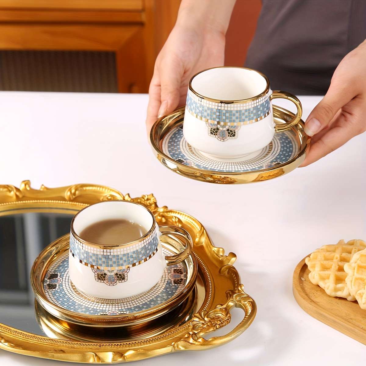 Water Cup Capacity 170Ml 574Oz Gold Rimmed Checkered 6 Cup Saucer