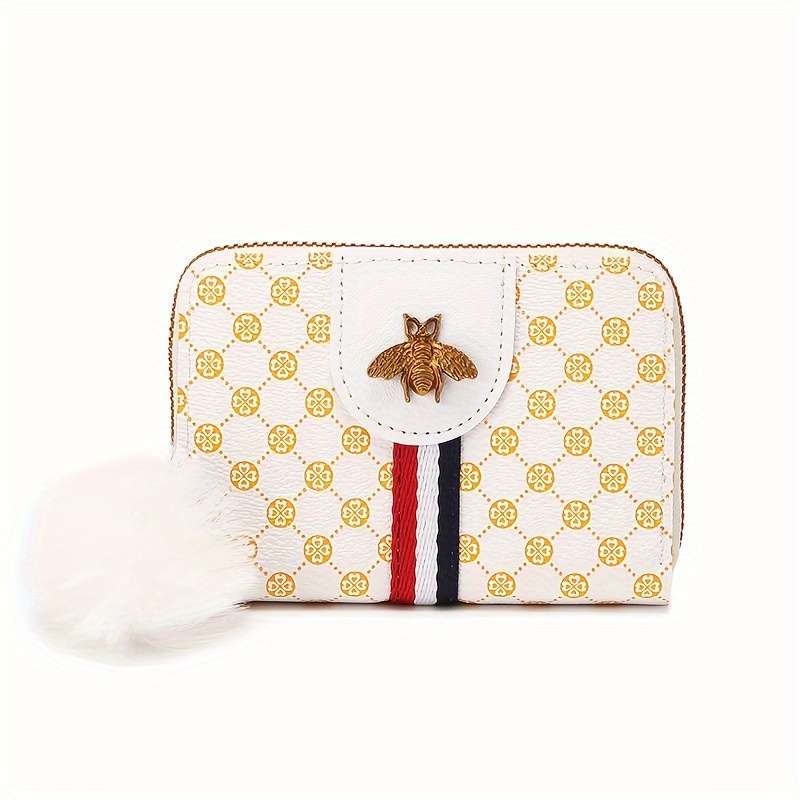 Chic Retro-Inspired Women'S Wallet With Honeycomb Print Pompom Accent Multiple Card Slots
