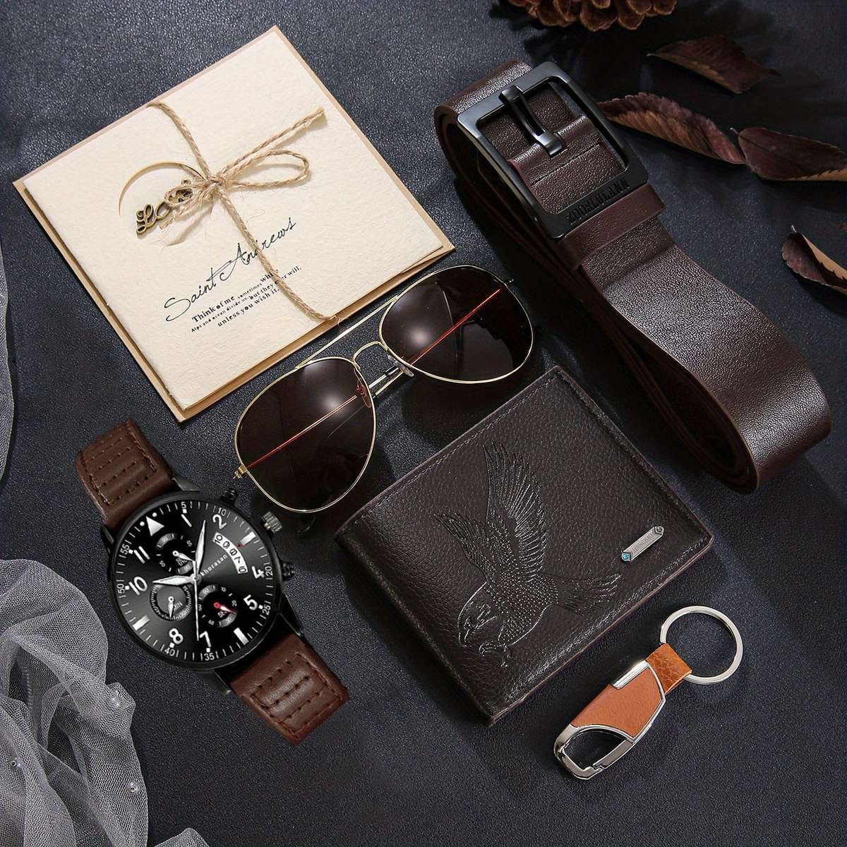 7Pcs Men Set Watch Wallet Belt Keychain Greeting Card Glasses Faux