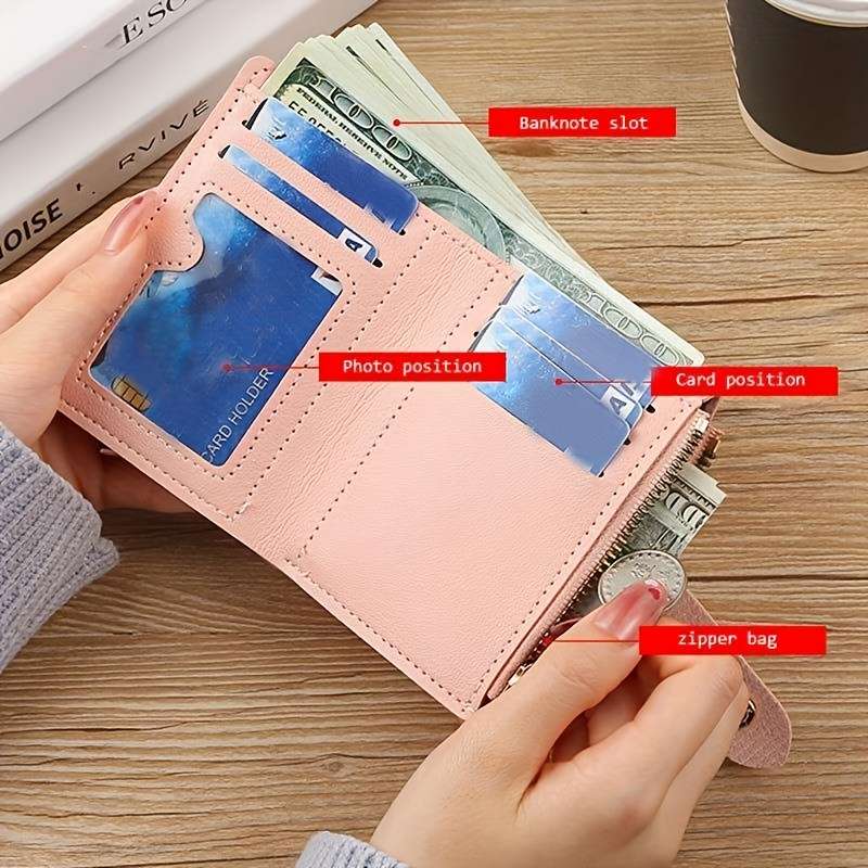 Women'S Stylish Black Short Wallet with Multiple Zippers and ClaspsLarge Capacity for Coins Chan