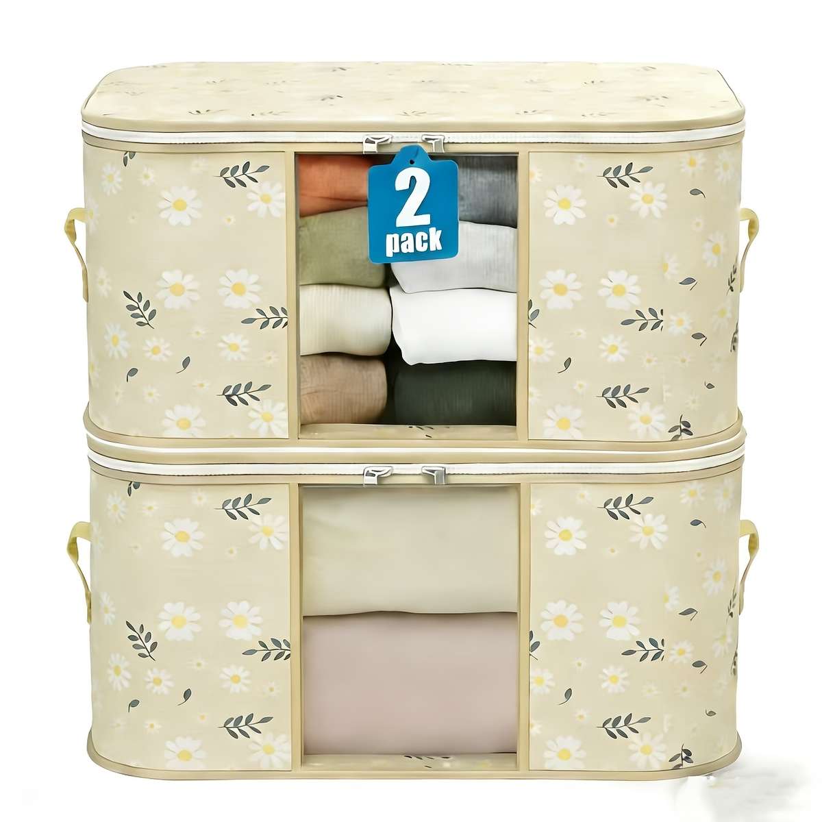 2Pcs Large Storage Bags Heavy Duty Storage Blue Daisy Visible Storage Bag
