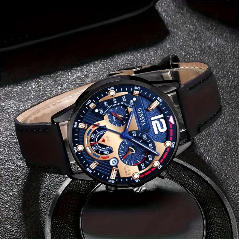 4Pcs Men Luxury Analog Watch Jewelry Suite With Calendar Quartz Movement