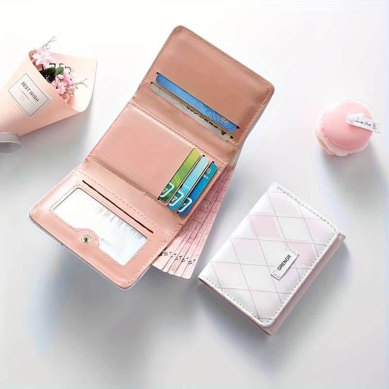Minimalist Fashion Plaid Wallet Pu Material Pink Blue Colors Zipper Closure Foldable